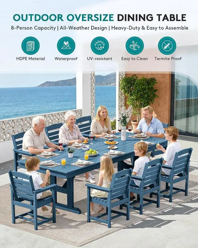 Alt view image 6 of 6 - Outdoor Dining Chairs Set of 2, All-Weather HDPE Patio Chair with 19.7" Widened Seat, for Backyard, Garden, Blue