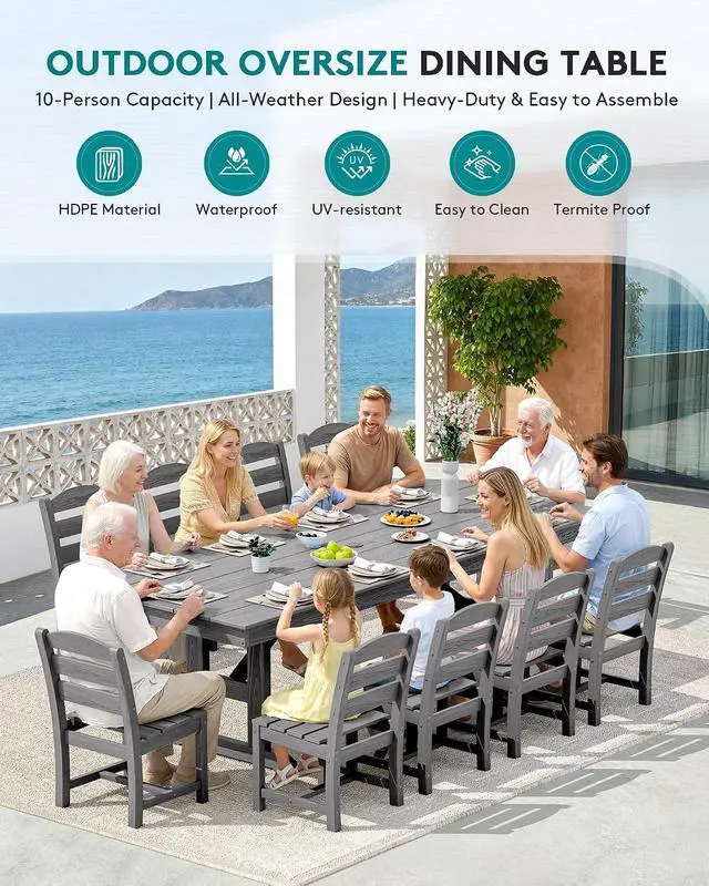 Alt view image 6 of 7 - Outdoor Armless Dining Chairs Set of 4, All-Weather HDPE Patio Chair with 19.7" Widened Seat, for Backyard, Garden, Gray