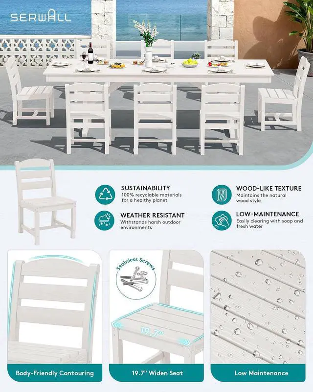 Alt view image 4 of 7 - 9 Piece Outdoor Dining Set, 84" HDPE Outdoor Table and Armless Chairs Set for 8All Weather Patio Furniture Set with Umbrella Hole for Backyard, Garden, White