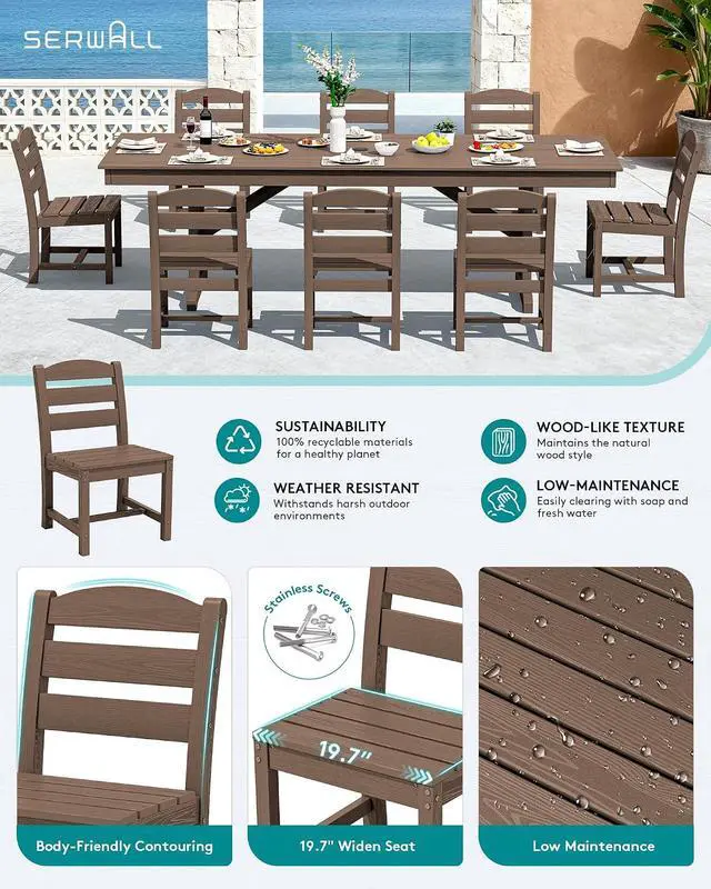 Alt view image 4 of 7 - 10 Piece Outdoor Dining Set with 15ft Triple-Head Foldable Umbrella(Based not Included), 84" HDPE Outdoor Table and Armless Chairs Set for 8, Brown