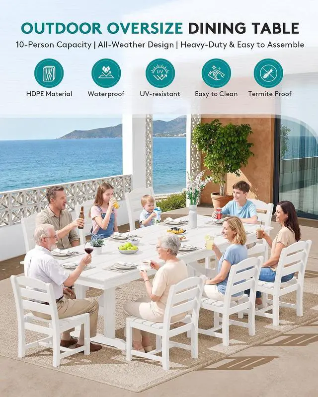 Alt view image 6 of 7 - 9 Piece Outdoor Dining Set, 84" HDPE Outdoor Table and Armless Chairs Set for 8All Weather Patio Furniture Set with Umbrella Hole for Backyard, Garden, White