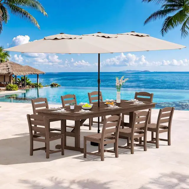 Main image of 10 Piece Outdoor Dining Set with 15ft Triple-Head Foldable Umbrella(Based not Included), 84" HDPE Outdoor Table and Armless Chairs Set for 8, Brown
