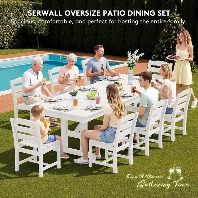 Alt view image 7 of 7 - 9 Piece Outdoor Dining Set, 84" HDPE Outdoor Table and Armless Chairs Set for 8All Weather Patio Furniture Set with Umbrella Hole for Backyard, Garden, White