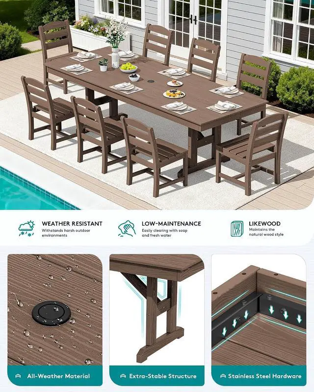 Alt view image 5 of 7 - 10 Piece Outdoor Dining Set with 15ft Triple-Head Foldable Umbrella(Based not Included), 84" HDPE Outdoor Table and Armless Chairs Set for 8, Brown