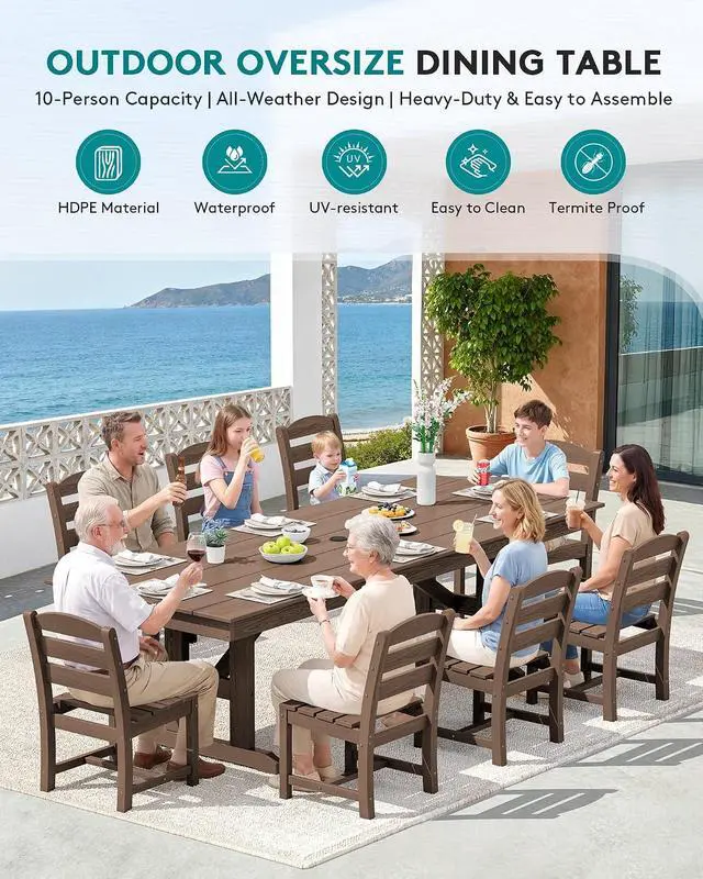 Alt view image 7 of 7 - 10 Piece Outdoor Dining Set with 15ft Triple-Head Foldable Umbrella(Based not Included), 84" HDPE Outdoor Table and Armless Chairs Set for 8, Brown