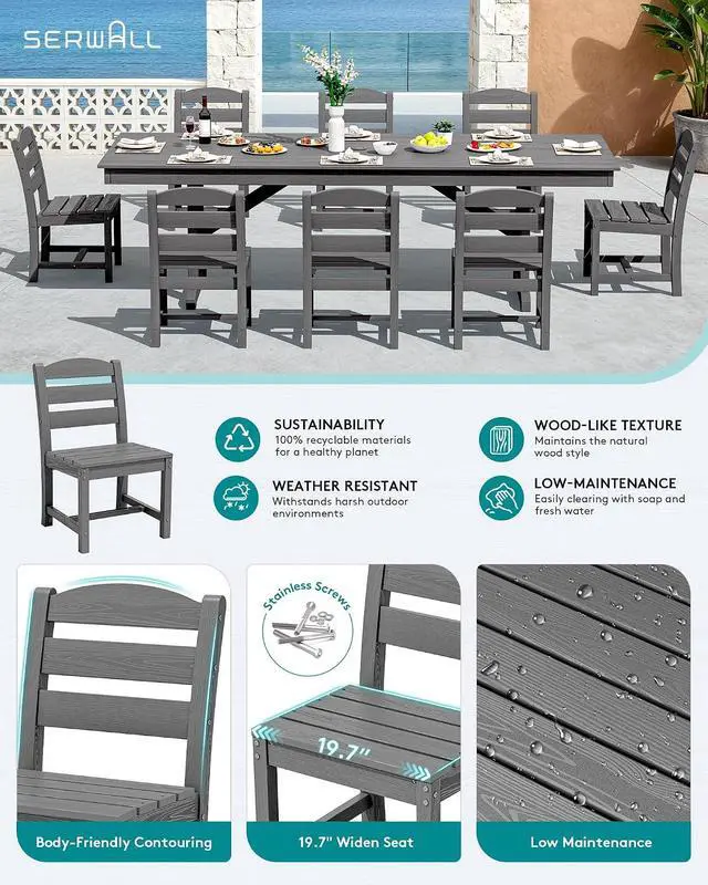 Alt view image 3 of 7 - 9 Piece Outdoor Dining Set, 84" HDPE Outdoor Table and Armless Chairs Set for 8All Weather Patio Furniture Set with Umbrella Hole for Backyard, Garden, Gray