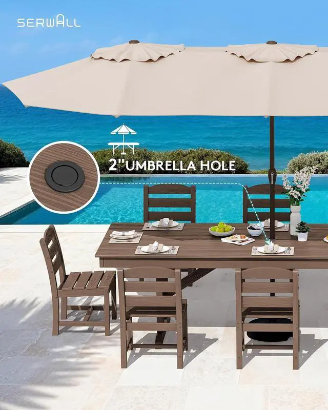 Alt view image 6 of 7 - 10 Piece Outdoor Dining Set with 15ft Triple-Head Foldable Umbrella(Based not Included), 84" HDPE Outdoor Table and Armless Chairs Set for 8, Brown