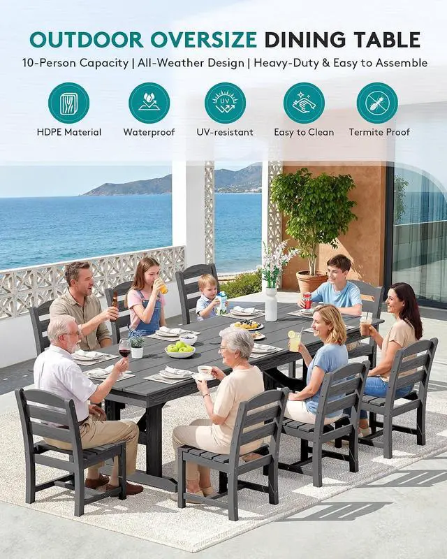 Alt view image 7 of 7 - 9 Piece Outdoor Dining Set, 84" HDPE Outdoor Table and Armless Chairs Set for 8All Weather Patio Furniture Set with Umbrella Hole for Backyard, Garden, Gray