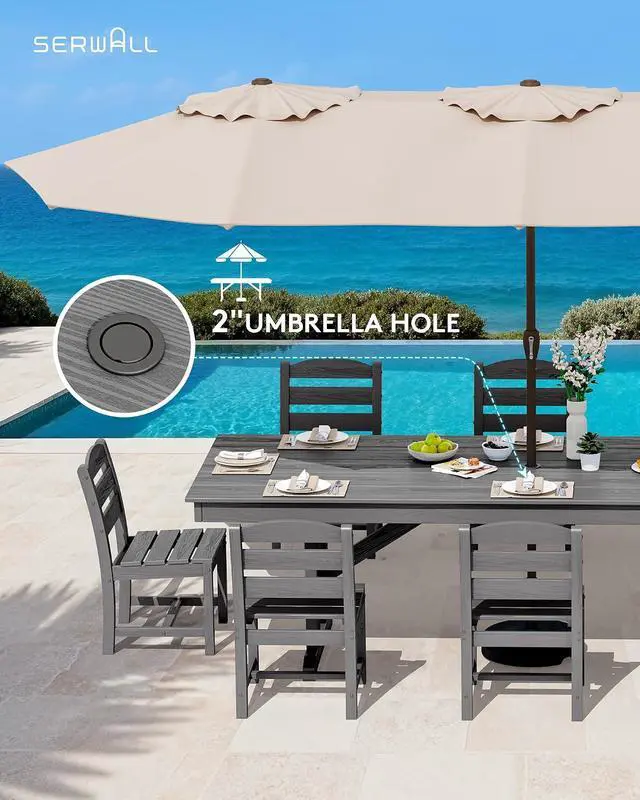 Alt view image 5 of 7 - 9 Piece Outdoor Dining Set, 84" HDPE Outdoor Table and Armless Chairs Set for 8All Weather Patio Furniture Set with Umbrella Hole for Backyard, Garden, Gray