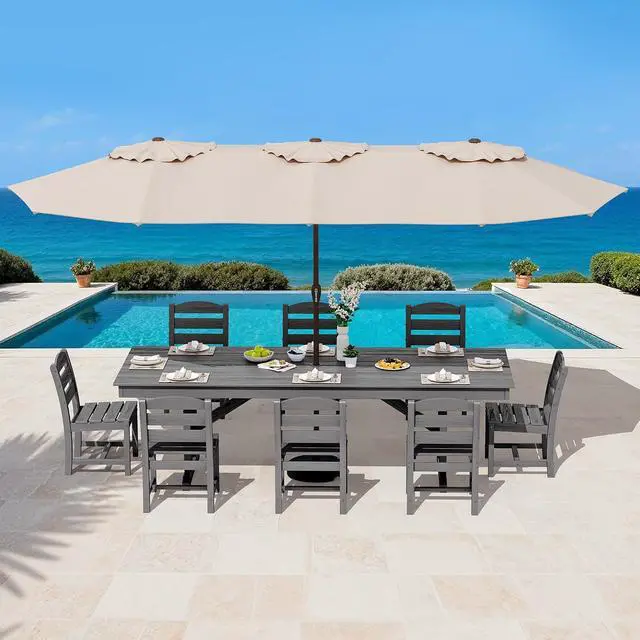 Alt view image 6 of 7 - 9 Piece Outdoor Dining Set, 84" HDPE Outdoor Table and Armless Chairs Set for 8All Weather Patio Furniture Set with Umbrella Hole for Backyard, Garden, Gray