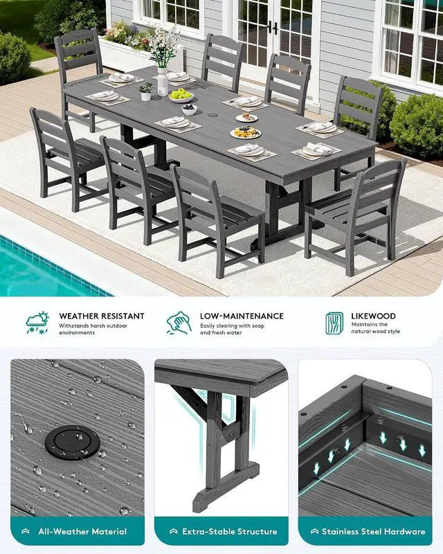 Alt view image 4 of 7 - 9 Piece Outdoor Dining Set, 84" HDPE Outdoor Table and Armless Chairs Set for 8All Weather Patio Furniture Set with Umbrella Hole for Backyard, Garden, Gray