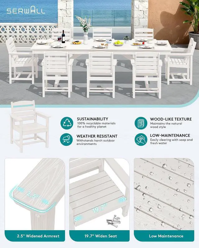 Alt view image 5 of 7 - 10 Piece Outdoor Dining Set with 15ft Triple-Head Foldable Umbrella(Based not Included), 84" HDPE Outdoor Table and Chairs for 8, White
