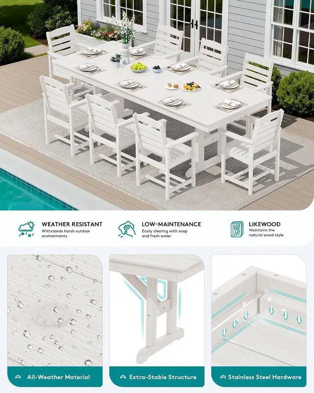 Alt view image 6 of 7 - 10 Piece Outdoor Dining Set with 15ft Triple-Head Foldable Umbrella(Based not Included), 84" HDPE Outdoor Table and Chairs for 8, White