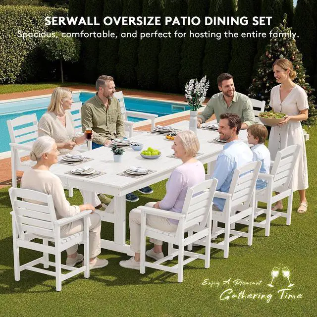 Alt view image 7 of 7 - 10 Piece Outdoor Dining Set with 15ft Triple-Head Foldable Umbrella(Based not Included), 84" HDPE Outdoor Table and Chairs for 8, White