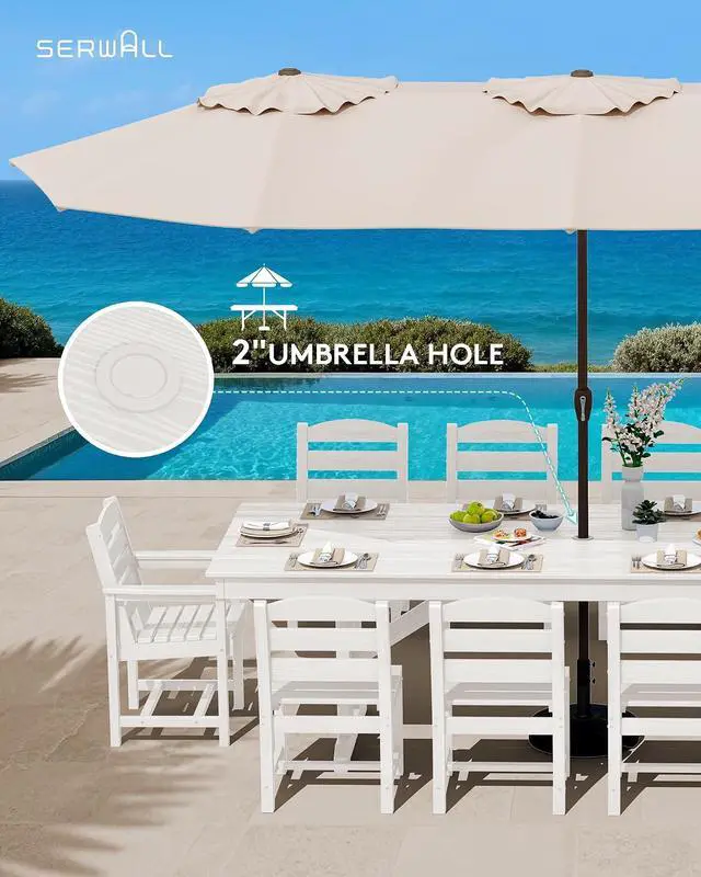 Alt view image 4 of 7 - 10 Piece Outdoor Dining Set with 15ft Triple-Head Foldable Umbrella(Based not Included), 84" HDPE Outdoor Table and Chairs for 8, White