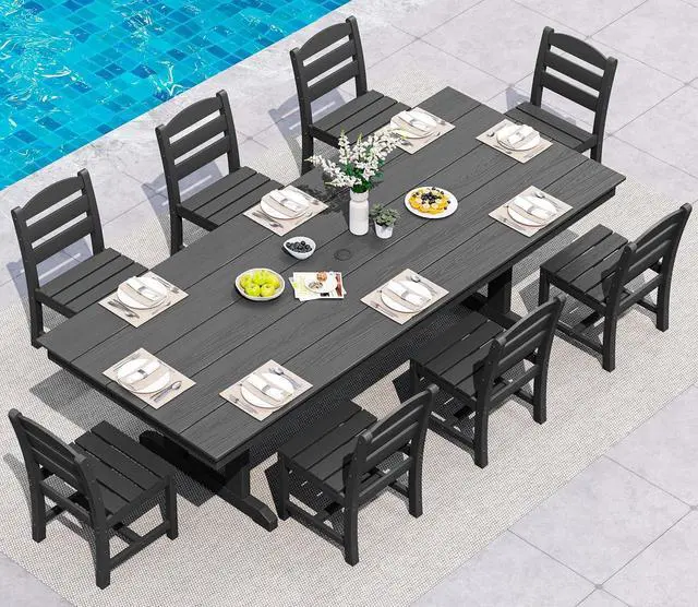 Main image of 9 Piece Outdoor Dining Set, 84" HDPE Outdoor Table and Armless Chairs Set for 8All Weather Patio Furniture Set with Umbrella Hole for Backyard, Garden, Black