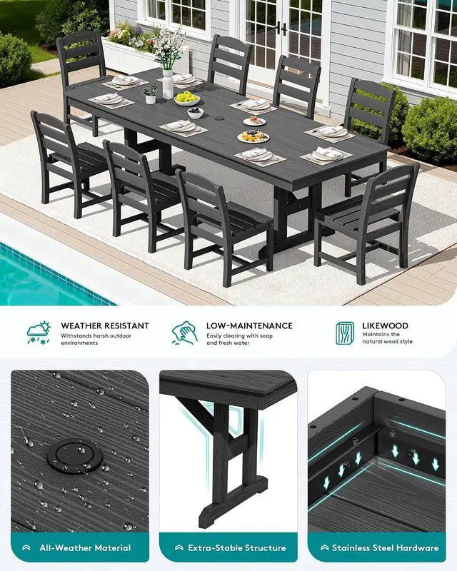 Alt view image 3 of 7 - 9 Piece Outdoor Dining Set, 84" HDPE Outdoor Table and Armless Chairs Set for 8All Weather Patio Furniture Set with Umbrella Hole for Backyard, Garden, Black