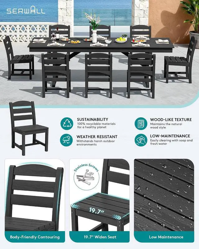 Alt view image 3 of 7 - Outdoor HDPE Armless Dining Chairs Set of 2, All-Weather Patio Dining Chairs for 2 with Widened Seat and Curved Backerst for Garden Backyard Deck, Black