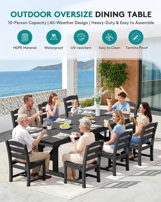 Alt view image 7 of 7 - Outdoor HDPE Armless Dining Chairs Set of 2, All-Weather Patio Dining Chairs for 2 with Widened Seat and Curved Backerst for Garden Backyard Deck, Black