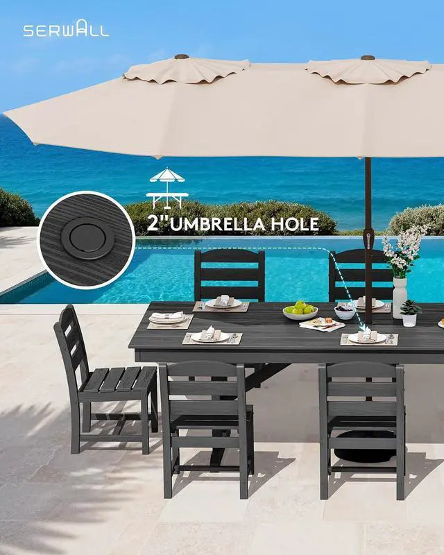 Alt view image 5 of 7 - 9 Piece Outdoor Dining Set, 84" HDPE Outdoor Table and Armless Chairs Set for 8All Weather Patio Furniture Set with Umbrella Hole for Backyard, Garden, Black