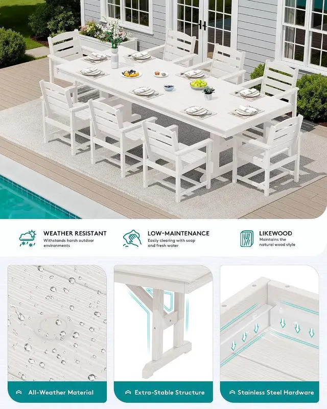 Alt view image 3 of 7 - 9 Piece Outdoor Dining Set, 84" HDPE Outdoor Table and Chairs for 8All Weather Patio Furniture Set with Umbrella Hole for Backyard, Garden, White