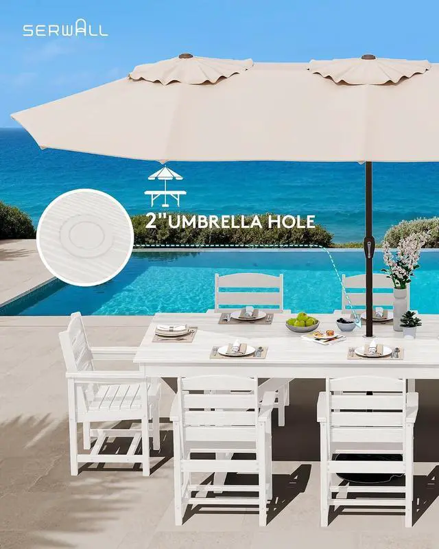 Alt view image 5 of 7 - 9 Piece Outdoor Dining Set, 84" HDPE Outdoor Table and Chairs for 8All Weather Patio Furniture Set with Umbrella Hole for Backyard, Garden, White