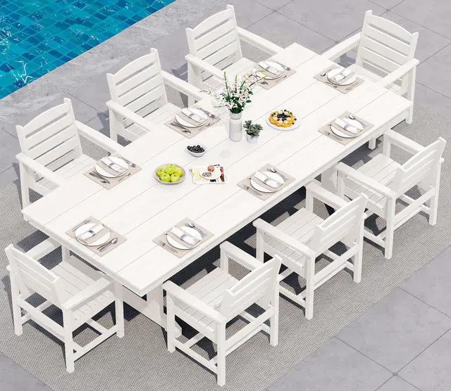 Main image of 9 Piece Outdoor Dining Set, 84" HDPE Outdoor Table and Chairs for 8All Weather Patio Furniture Set with Umbrella Hole for Backyard, Garden, White