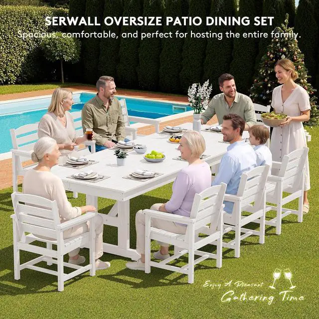 Alt view image 6 of 7 - 9 Piece Outdoor Dining Set, 84" HDPE Outdoor Table and Chairs for 8All Weather Patio Furniture Set with Umbrella Hole for Backyard, Garden, White