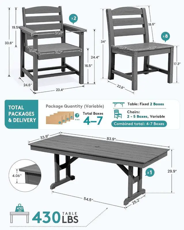 Alt view image 2 of 7 - 9 Piece Outdoor Dining Set, 84" HDPE Outdoor Table with 6 Armless Chairs and 2 Armchairs All Weather Patio Dining Furniture Set with Umbrella Hole for Backyard, Garden, Gray