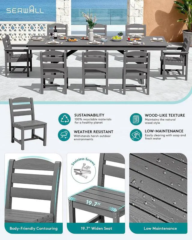 Alt view image 3 of 7 - 9 Piece Outdoor Dining Set, 84" HDPE Outdoor Table with 6 Armless Chairs and 2 Armchairs All Weather Patio Dining Furniture Set with Umbrella Hole for Backyard, Garden, Gray