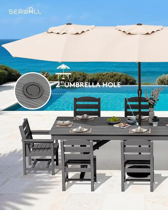 Alt view image 5 of 7 - 9 Piece Outdoor Dining Set, 84" HDPE Outdoor Table with 6 Armless Chairs and 2 Armchairs All Weather Patio Dining Furniture Set with Umbrella Hole for Backyard, Garden, Gray