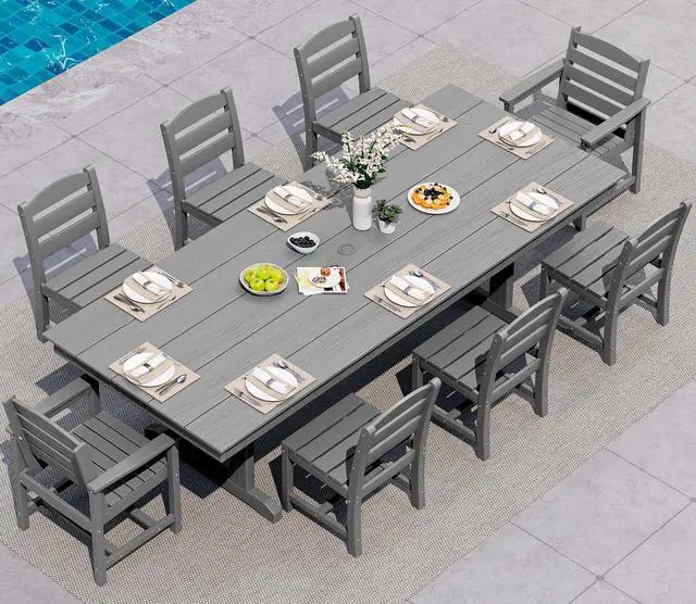 Main image of 9 Piece Outdoor Dining Set, 84" HDPE Outdoor Table with 6 Armless Chairs and 2 Armchairs All Weather Patio Dining Furniture Set with Umbrella Hole for Backyard, Garden, Gray