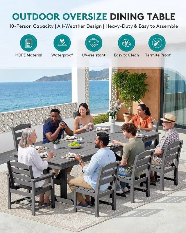 Alt view image 6 of 7 - 9 Piece Outdoor Dining Set, 84" HDPE Outdoor Table with 6 Armless Chairs and 2 Armchairs All Weather Patio Dining Furniture Set with Umbrella Hole for Backyard, Garden, Gray