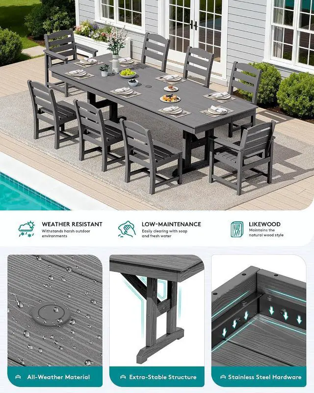 Alt view image 4 of 7 - 9 Piece Outdoor Dining Set, 84" HDPE Outdoor Table with 6 Armless Chairs and 2 Armchairs All Weather Patio Dining Furniture Set with Umbrella Hole for Backyard, Garden, Gray