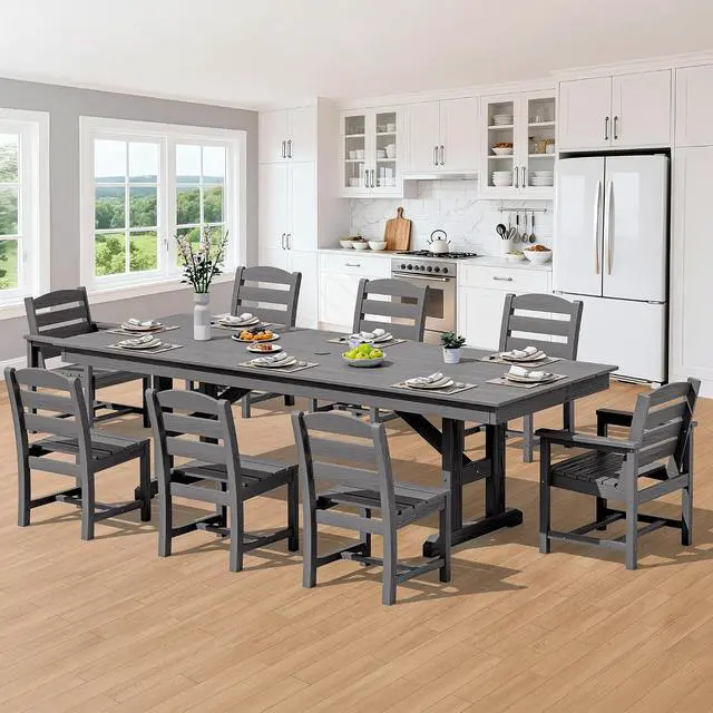 Alt view image 7 of 7 - 9 Piece Outdoor Dining Set, 84" HDPE Outdoor Table with 6 Armless Chairs and 2 Armchairs All Weather Patio Dining Furniture Set with Umbrella Hole for Backyard, Garden, Gray