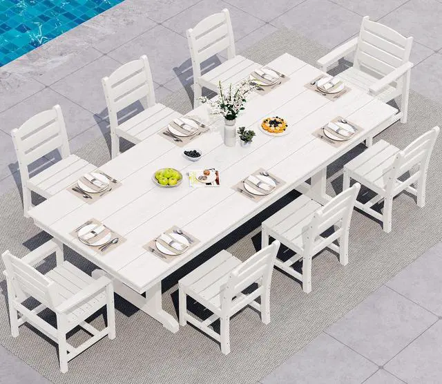 Main image of 9 Piece Outdoor Dining Set, 84" HDPE Outdoor Table with 6 Armless Chairs and 2 Armchairs All Weather Patio Dining Furniture Set with Umbrella Hole for Backyard, Garden, White