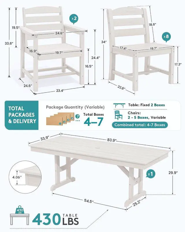 Alt view image 2 of 7 - 9 Piece Outdoor Dining Set, 84" HDPE Outdoor Table with 6 Armless Chairs and 2 Armchairs All Weather Patio Dining Furniture Set with Umbrella Hole for Backyard, Garden, White