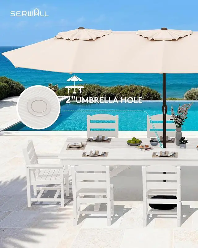 Alt view image 5 of 7 - 9 Piece Outdoor Dining Set, 84" HDPE Outdoor Table with 6 Armless Chairs and 2 Armchairs All Weather Patio Dining Furniture Set with Umbrella Hole for Backyard, Garden, White
