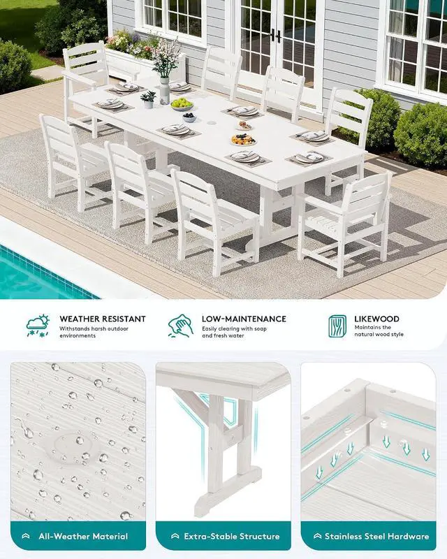 Alt view image 4 of 7 - 9 Piece Outdoor Dining Set, 84" HDPE Outdoor Table with 6 Armless Chairs and 2 Armchairs All Weather Patio Dining Furniture Set with Umbrella Hole for Backyard, Garden, White