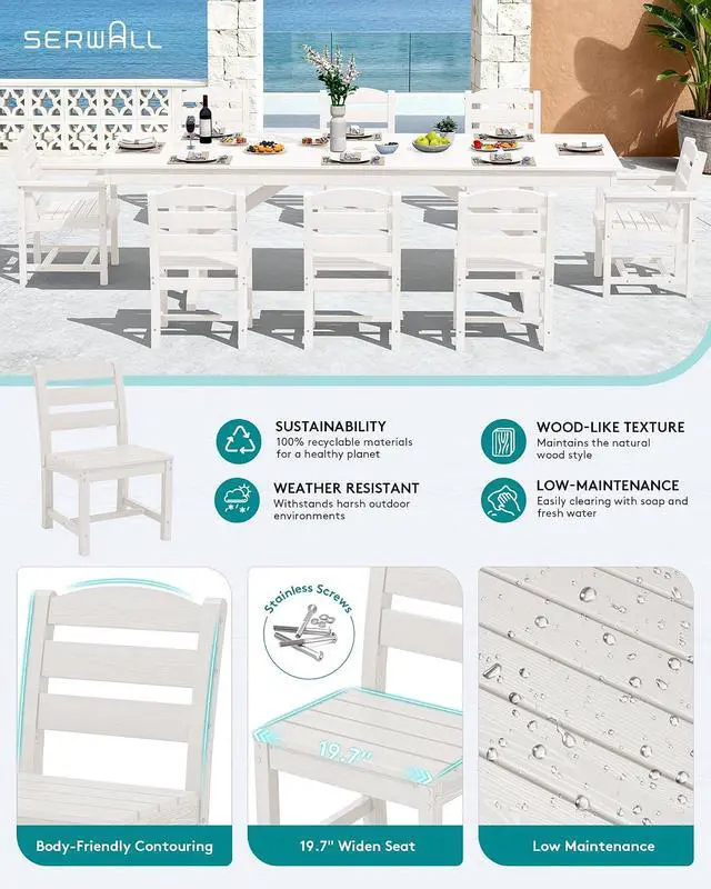 Alt view image 3 of 7 - 9 Piece Outdoor Dining Set, 84" HDPE Outdoor Table with 6 Armless Chairs and 2 Armchairs All Weather Patio Dining Furniture Set with Umbrella Hole for Backyard, Garden, White