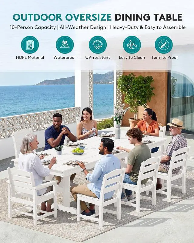 Alt view image 6 of 7 - 9 Piece Outdoor Dining Set, 84" HDPE Outdoor Table with 6 Armless Chairs and 2 Armchairs All Weather Patio Dining Furniture Set with Umbrella Hole for Backyard, Garden, White