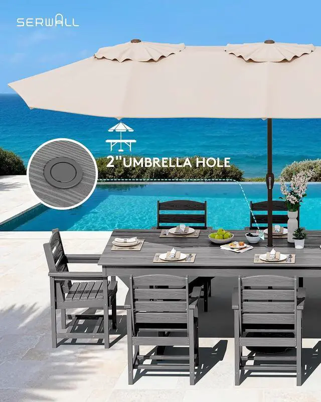 Alt view image 5 of 7 - 9 Piece Outdoor Dining Set, 84" HDPE Outdoor Table and Chairs for 8All Weather Patio Furniture Set with Umbrella Hole for Backyard, Garden, Gray