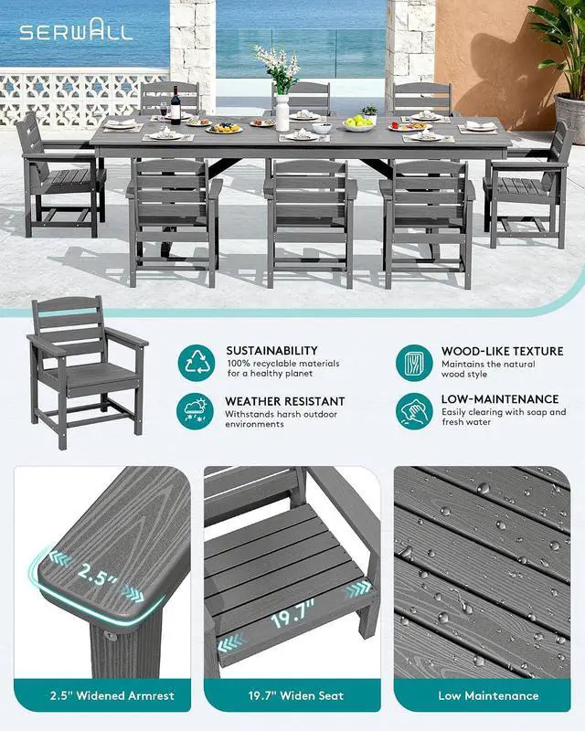 Alt view image 4 of 7 - 9 Piece Outdoor Dining Set, 84" HDPE Outdoor Table and Chairs for 8All Weather Patio Furniture Set with Umbrella Hole for Backyard, Garden, Gray