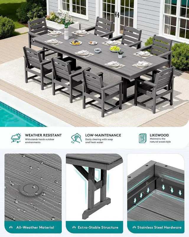 Alt view image 3 of 7 - 9 Piece Outdoor Dining Set, 84" HDPE Outdoor Table and Chairs for 8All Weather Patio Furniture Set with Umbrella Hole for Backyard, Garden, Gray