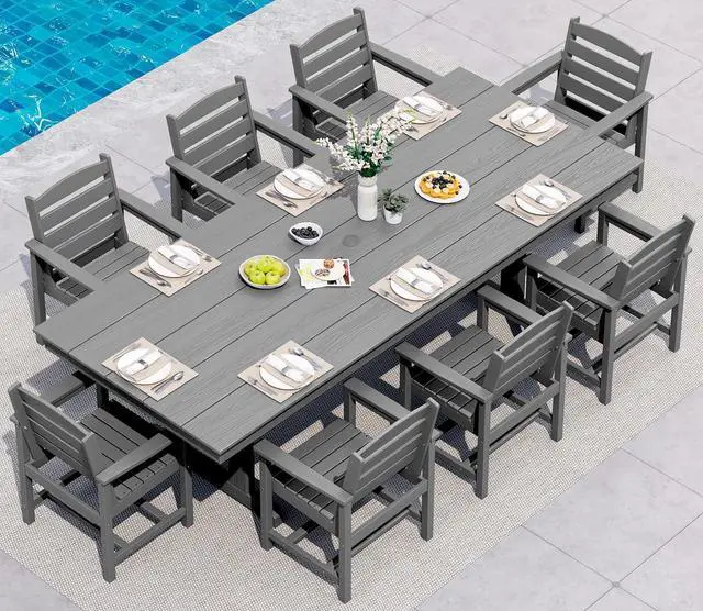 Main image of 9 Piece Outdoor Dining Set, 84" HDPE Outdoor Table and Chairs for 8All Weather Patio Furniture Set with Umbrella Hole for Backyard, Garden, Gray