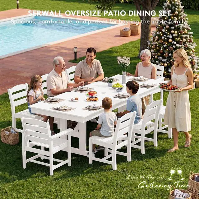 Alt view image 7 of 7 - 9 Piece Outdoor Dining Set, 84" HDPE Outdoor Table with 6 Armless Chairs and 2 Armchairs All Weather Patio Dining Furniture Set with Umbrella Hole for Backyard, Garden, White