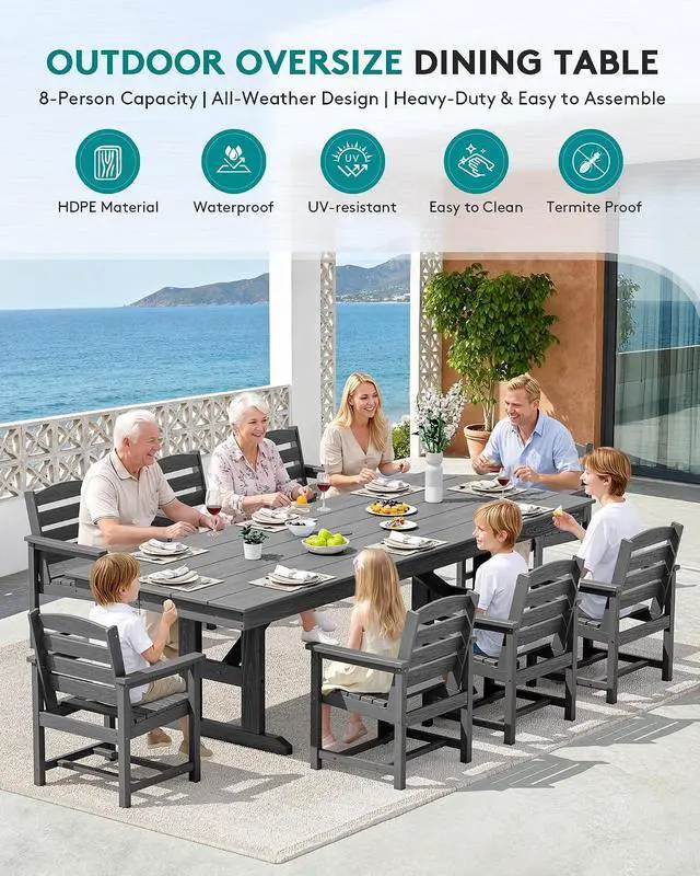 Alt view image 6 of 7 - 9 Piece Outdoor Dining Set, 84" HDPE Outdoor Table and Chairs for 8All Weather Patio Furniture Set with Umbrella Hole for Backyard, Garden, Gray