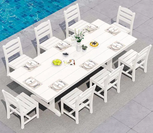 Main image of 9 Piece Outdoor Dining Set, 84" HDPE Outdoor Table and Armless Chairs Set for 8All Weather Patio Furniture Set with Umbrella Hole for Backyard, Garden, White