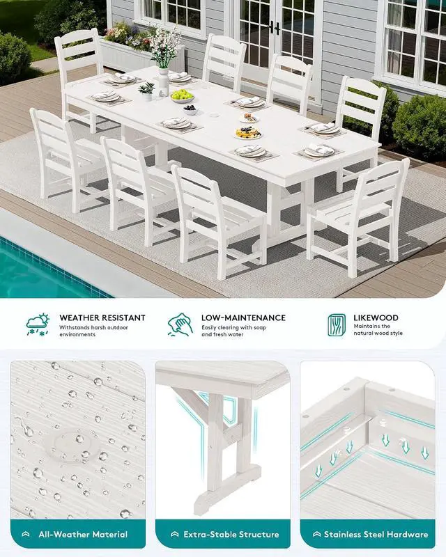 Alt view image 3 of 7 - 9 Piece Outdoor Dining Set, 84" HDPE Outdoor Table and Armless Chairs Set for 8All Weather Patio Furniture Set with Umbrella Hole for Backyard, Garden, White