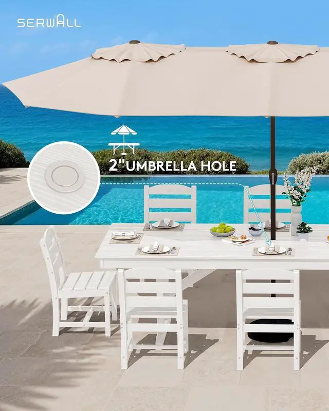 Alt view image 5 of 7 - 9 Piece Outdoor Dining Set, 84" HDPE Outdoor Table and Armless Chairs Set for 8All Weather Patio Furniture Set with Umbrella Hole for Backyard, Garden, White